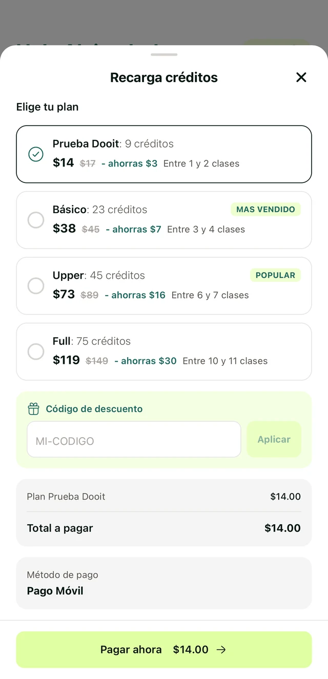 Pantalla Recarga créditos con los planes disponibles